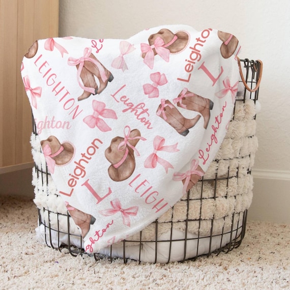 Pink Boots and Bows Western Baby Girl Blanket, Personalized Coquette Gift, Cowgirl Nursery Decor, Girl's Newborn Swaddle, 1st Birthday Gift