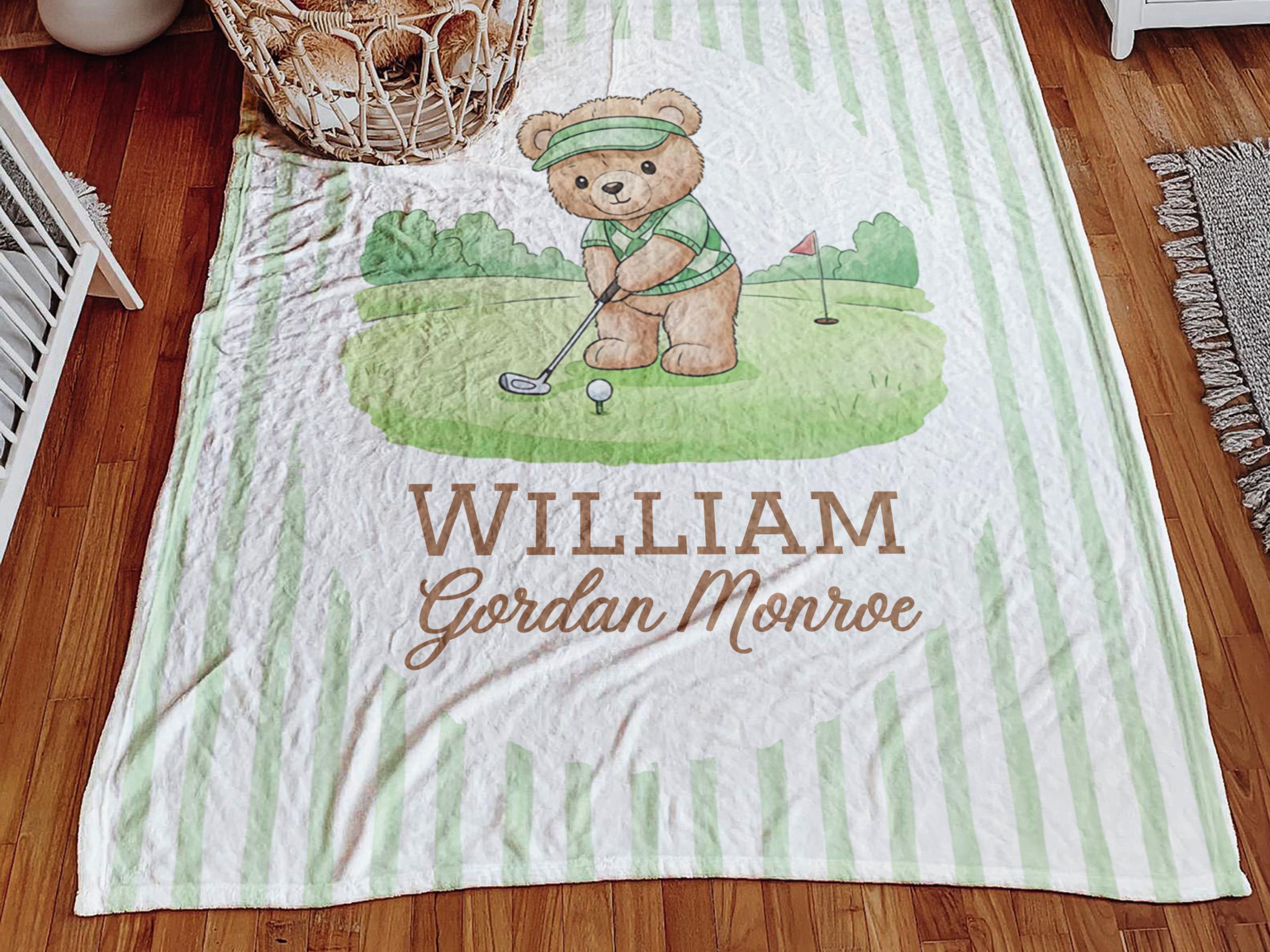 Personalized Teddy Bear Golf Blanket, Golfing Little Putter Newborn Baby Shower Gift, Green Stripes New to the Club, Baby Golfer Custom Name