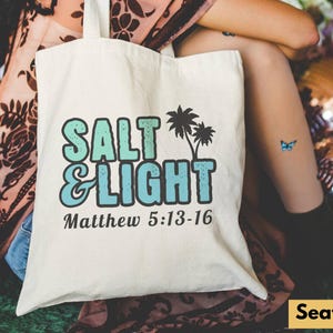 Salt and Light Tote Bag, Christian Faith Gift, Palm Tree Beach Bag, Bible, Salty 100% Cotton Canvas Shoulder Bag, Reusable Eco-Friendly Tote