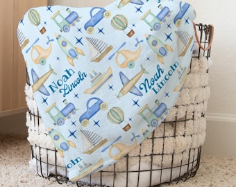 Blue Transportation Baby Blanket | Personalized Transport Boy's Nursery Decor, Vintage-Style Vehicles Crib Blanket, Matching Playroom