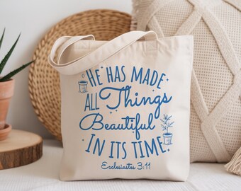 All Things Beautiful Tote, Christian Religious Gift, Garden Lover Bag, God Works Bible Verse, 100% Canvas, Teacher Appreciation, Houseplant