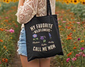Personalized Birth Flower Gift for Mom + Grandma, My Favorite Wildflowers Tote Bag, Custom Name Birthflower Book Bag, 100% Cotton Canvas