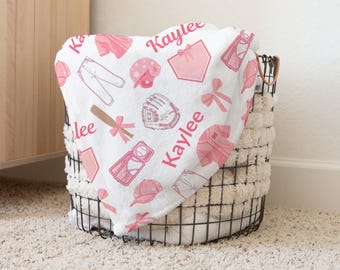 Personalized Pink Baseball Blanket, Girl's Pink Bows Softball Throw, Team Gift, Sports Baby Girl Shower, Newborn Swaddle, 1st Birthday