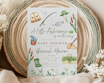 Little Fisherman Baby Shower Printed Invitations, Fishing Theme Invite Cards with Envelopes, Cute Fish Customized Diaper Raffle Card Set