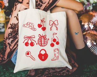 Cosmic Cowgirl Cherries Tote Bag, Personalized Book Bag Gift, Hand Drawn Coquette Cherry, Western Bows 100% Cotton Canvas Tote with Name