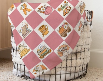 Fall Harvest Checkerboard Blanket, Cute Autumn Bookish Throw, Pink Pumpkin Patch, Boho Thanksgiving Family Gift, Turkey Day Accent Throw