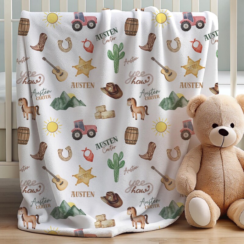 Custom Vintage Cowboy Baby Blanket| Flannel Baby Boy Blanket main image 1