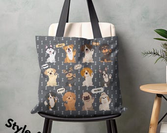 Kawaii Dog Lover Gift, Dogs Waving Hello Tote, Puppies Reusable Bag, Supplies & Accessories Travel Bag for Dog Parent, Funny Pups All Breeds