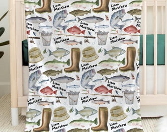Fisherman Blanket, Personalized Lake Fishing Shower Gift, Boys Fish Nursery Decor, Custom Name Baby Swaddle, Outdoors Freshwater Bass Throw
