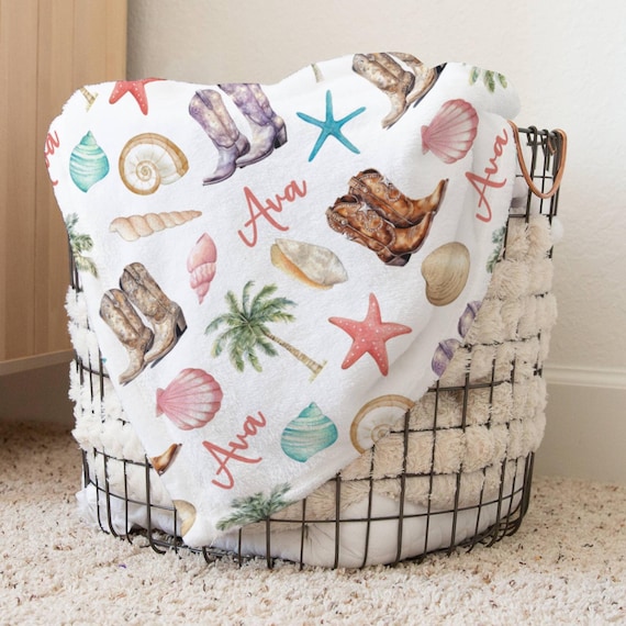 Coastal Cowgirl Blanket, Personalized Teen Girl's Gift, Beach Nursery Decor, Girl's Baby Shower Gift, Western Swaddle, Beachy Aesthetic