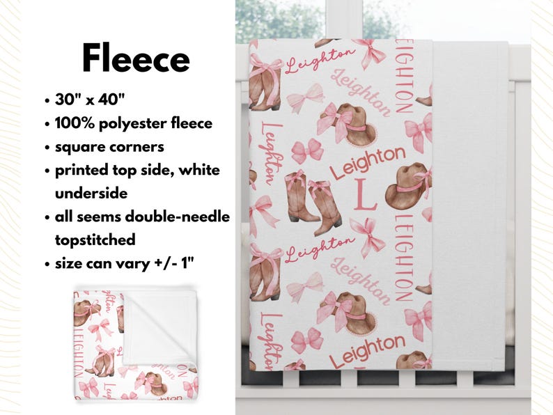 a personalized western themed baby girl blanket draped from a white crib. The name "Leighton" is all throughout the repeating pattern of cowgirl boots with pink bows and cowgirl hats with pink bows.