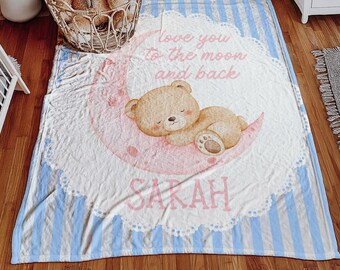 Love You to the Moon deken, gepersonaliseerd roze teddybeer wiegbeddengoed, kraamcadeau met teddybeer thema, babykamercadeau met teddybeer thema, doopcadeau