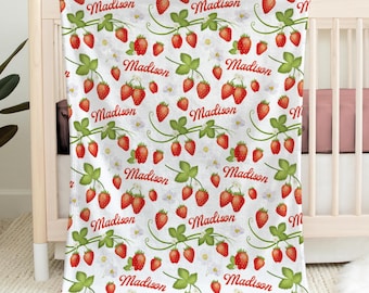 Personalized Strawberry Blanket, Girl's Baby Shower Gift, Pretty Cottagecore Swaddle, Red Strawberries Birthday, Berry Sweet Nursery Bedding