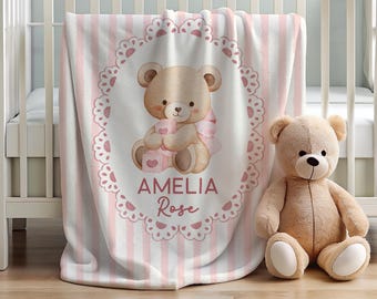Personalized Blush Pink Teddy Bear Blanket, Baby Girl Blanket, Coquette Bows Nursery Decor, Teddybear Newborn Shower Gift, Baby Bear Toddler