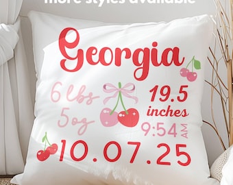 Cherry Coquette Birth Stats Pillowcase, Fresh Cherries Nursery Decor, Fruit Baby Shower Gift, Pink Bows Throw Pillows, Coquette Pillow Cover