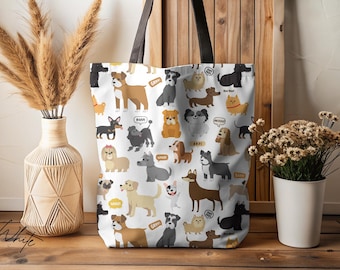 Cute Dogs Tote Bag, Dog Lover Gift, All Breed Puppy Dogs Reusable Bag, Travel Bag for Dog Parents, Funny Dog Mom Gift, Kawaii Puppies