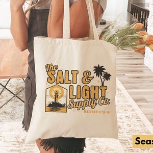 Retro Salt & Light Tote, Lighthouse, Christian Faith Gift, Palm Tree + Ocean Lover Beach Bag, 100% Cotton Canvas, Salty Eco-Friendly Bag