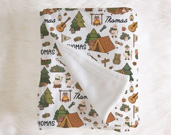 Boy's Camping Blanket, Personalized Forest Animals Camp Gift, Scouts Camper Hiking Throw, Adventure Awaits Baby Shower Gift Swaddle, Toddler