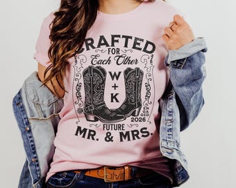 Personalized Couple's  Shirt, Western Boots and Brews Engagement Party, Custom Cowboy Cowgirl Anniversary T-Shirt, Mr. & Mrs. Graphic Tees