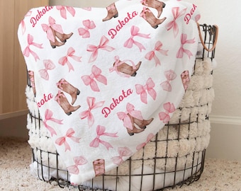 Coquette Boots & Bows Baby Girl Blanket, Cowgirl Nursery, Personalized Newborn Swaddle, Girl's Western Shower Gift, Fleece Toddler Bedding