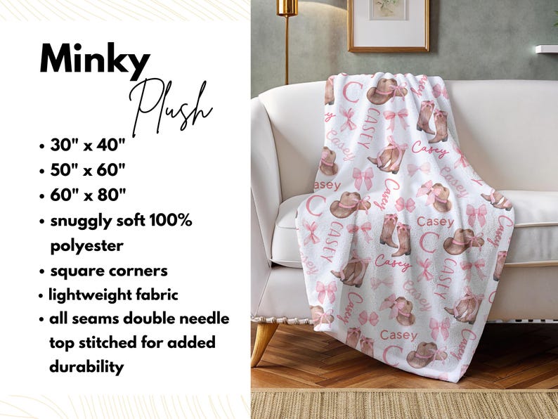 Pink Boots and Bows Western Baby Girl Blanket, Personalized Coquette Gift, Cowgirl Nursery Decor, Girl's Newborn Swaddle, 1st Birthday Gift Minky, White Back