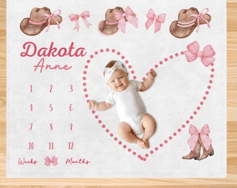 Coquette Cowgirl Milestone Blanket, Personalized Newborn Gift, Western Baby Girl Nursery, Monthly Photos Blanket, Boots & Bows Shower Gift