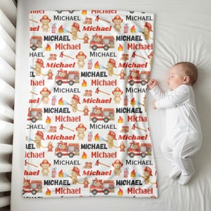 Fire Fighter Teddy Bear Blanket, Personalized Firefighter Baby Shower Gift, Boy's Fire Truck Nursery Decor, Fireman Swaddle, Toddler Bedding
