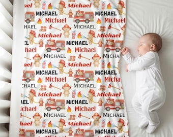 Fire Fighter Teddy Bear Blanket, Personalized Firefighter Baby Shower Gift, Boy's Fire Truck Nursery Decor, Fireman Swaddle, Toddler Bedding