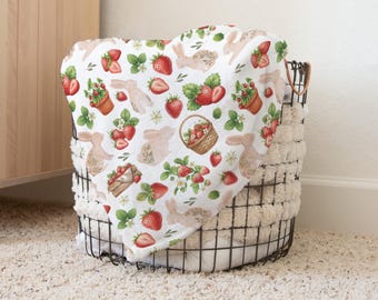 Bunnies + Berries Blanket, Strawberry Garden Rabbit Throw, Whimsical Cottagecore, Country Farm, Sweet Berry Baby Shower, Red Strawberries
