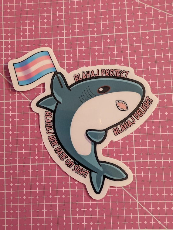 Blåhaj protect, Blåhaj delight, Blåhaj bite hate on sight. sticker. UV laminated, waterproof, car ready sticker, trans flag