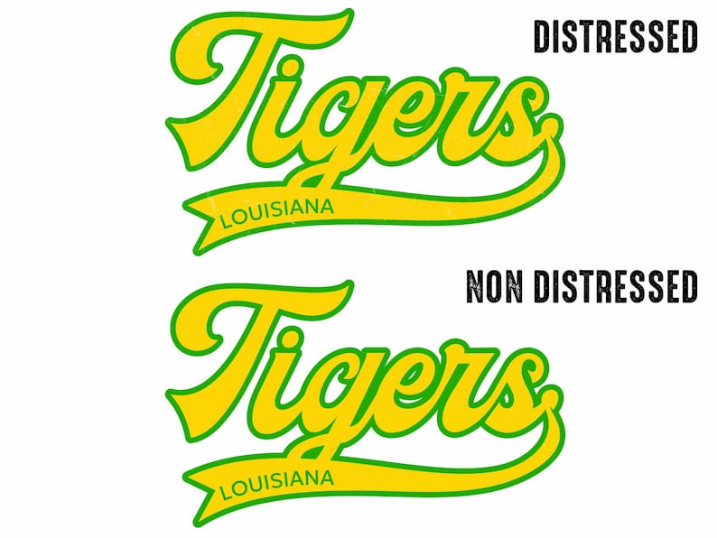 May include: A graphic design featuring the word "Tigers" in a stylized, yellow script with a green outline. Below the word is a banner that reads "Louisiana" in green. The design is presented in both distressed and non-distressed versions.