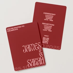 Puede incluir: Dos tarjetas rojas de invitación de boda. Una tarjeta muestra los nombres "James & Sarah" en una fuente decorativa, con la fecha "25.10.2025". La otra tarjeta tiene detalles del evento y un código QR. También se ve el texto "You're invited to celebrate".