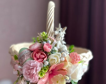 Basket with floral decoration. Easter basket.