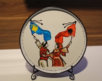 10"(27cm apx.) Hand painted Prizren Kosovo themed old traditional dressed couple dancing in traditional dress. customizable plate, Stand Use