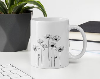 Taza blanca brillante, taza con diseño de flores elegantes, taza, taza blanca, taza de café