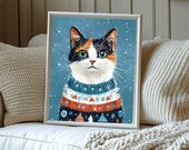 Cute Cat Winter Sweater Poster, Digital Art Print, Cozy Christmas Decor, Animal Lover Gift, Printable Wall Art Download