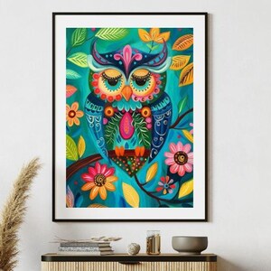 Floral Owl Folk Art Painting Printable Wall Art #1 - Vintage Whimsical Folk Prints - 300dpi Digital Download - JPG & PDF Files