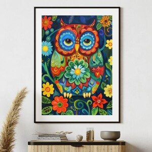 Floral Owl Folk Art Painting Printable Wall Art #2 - Vintage Whimsical Folk Prints - 300dpi Digital Download - JPG & PDF Files