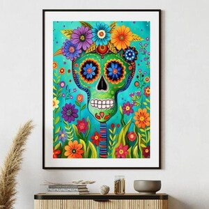 Floral Skull Folk Art Painting Printable Wall Art #2 - Vintage Whimsical Folk Prints - 300dpi Digital Download - A3 Size JPG & PDF Files
