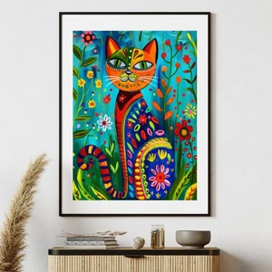 Cat Folk Art #1 Painting Printable Wall Art - Vintage Whimsical Folk Prints - 300dpi Digital Download - A3 Size JPG & PDF Files