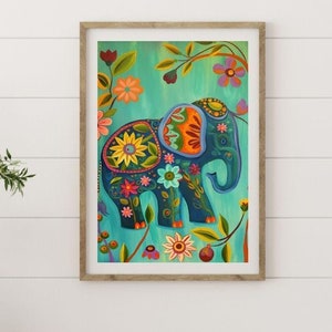 Whimsical Floral Elephant Folk Art Print #1 - Vintage-Style Wall Art - High-Resolution 300dpi Digital Download in JPG & PDF