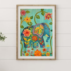 Whimsical Floral Elephant Folk Art Print #3 - Vintage-Style Wall Art - High-Resolution 300dpi Digital Download in JPG & PDF