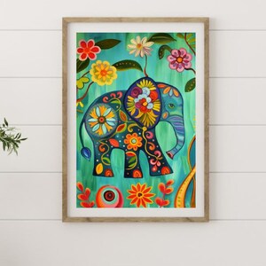 Whimsical Floral Elephant Folk Art Print #7 - Vintage-Style Wall Art - High-Resolution 300dpi Digital Download in JPG & PDF