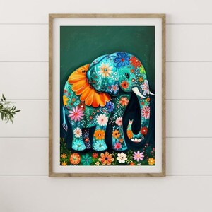 Whimsical Floral Elephant Folk Art Print #5 - Vintage-Style Wall Art - High-Resolution 300dpi Digital Download in JPG & PDF