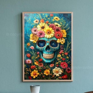 Floral Skull Folk Art Painting Printable Wall Art #5 - Vintage Whimsical Folk Prints - 300dpi Digital Download - A3 Size JPG & PDF Files