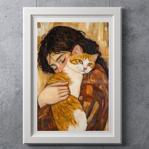 Girl Hugging Cat Wall Art | Romantic Pet Lover Painting Print | Digital Download A3 Printable JPG PDF Cat Lover Home Décor Wall Art