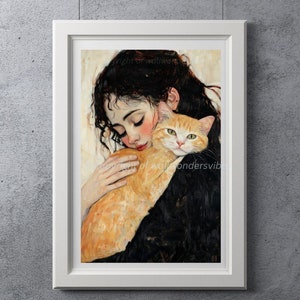 Girl Hugging Cat Wall Art | Romantic Pet Lover Painting Print | Digital Download A3 Printable JPG PDF Cat Lover Home Décor Wall Art