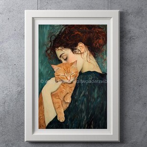 Girl Hugging Cat Wall Art | Romantic Pet Lover Painting Print | Digital Download A3 Printable JPG PDF Cat Lover Home Décor Wall Art