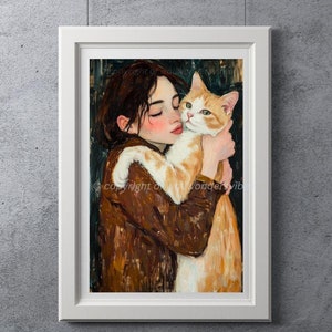 Girl Hugging Cat Wall Art | Romantic Pet Lover Painting Print | Digital Download A3 Printable JPG PDF Cat Lover Home Décor Wall Art