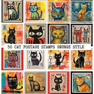 Conjunto de arte mural con sellos postales de gatos, 50 imágenes imprimibles de estilo grunge, descarga digital en formato JPG, relación de aspecto 1:1, conjunto de arte con temática de mascotas